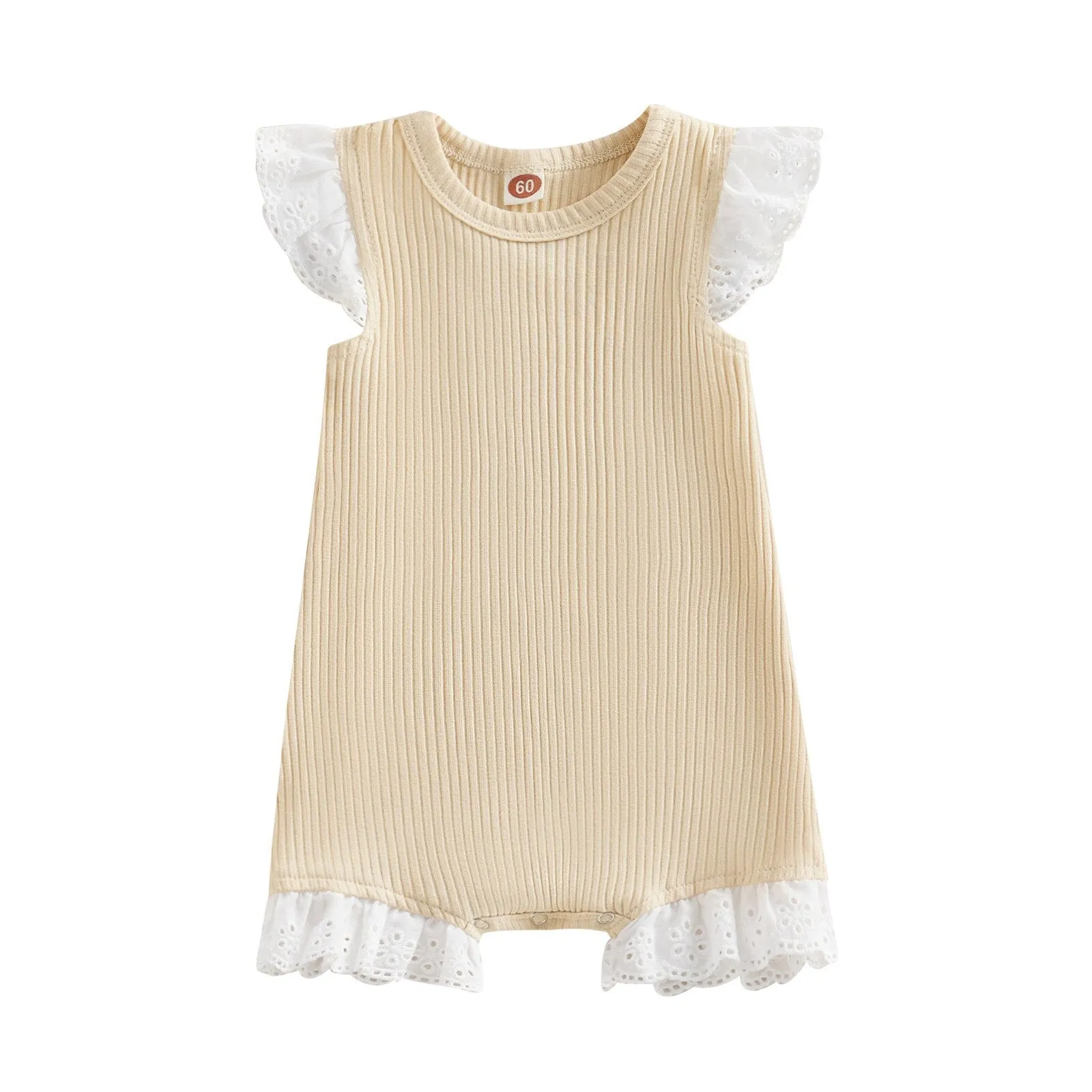 Frilly Sleeves Ribbed Rompers | Beige