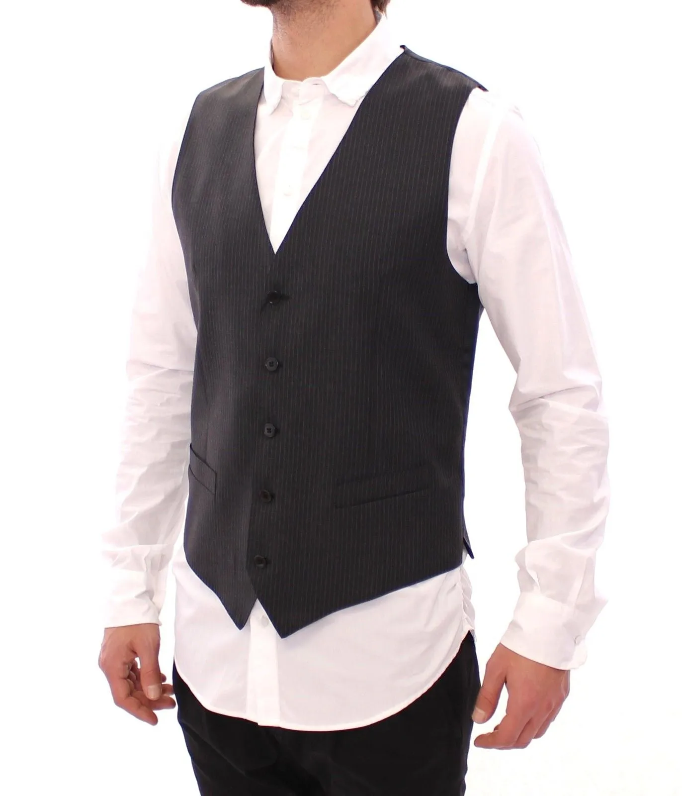 Gray Striped Wool Single Breasted Vest