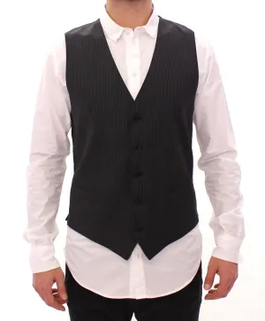 Gray Striped Wool Single Breasted Vest