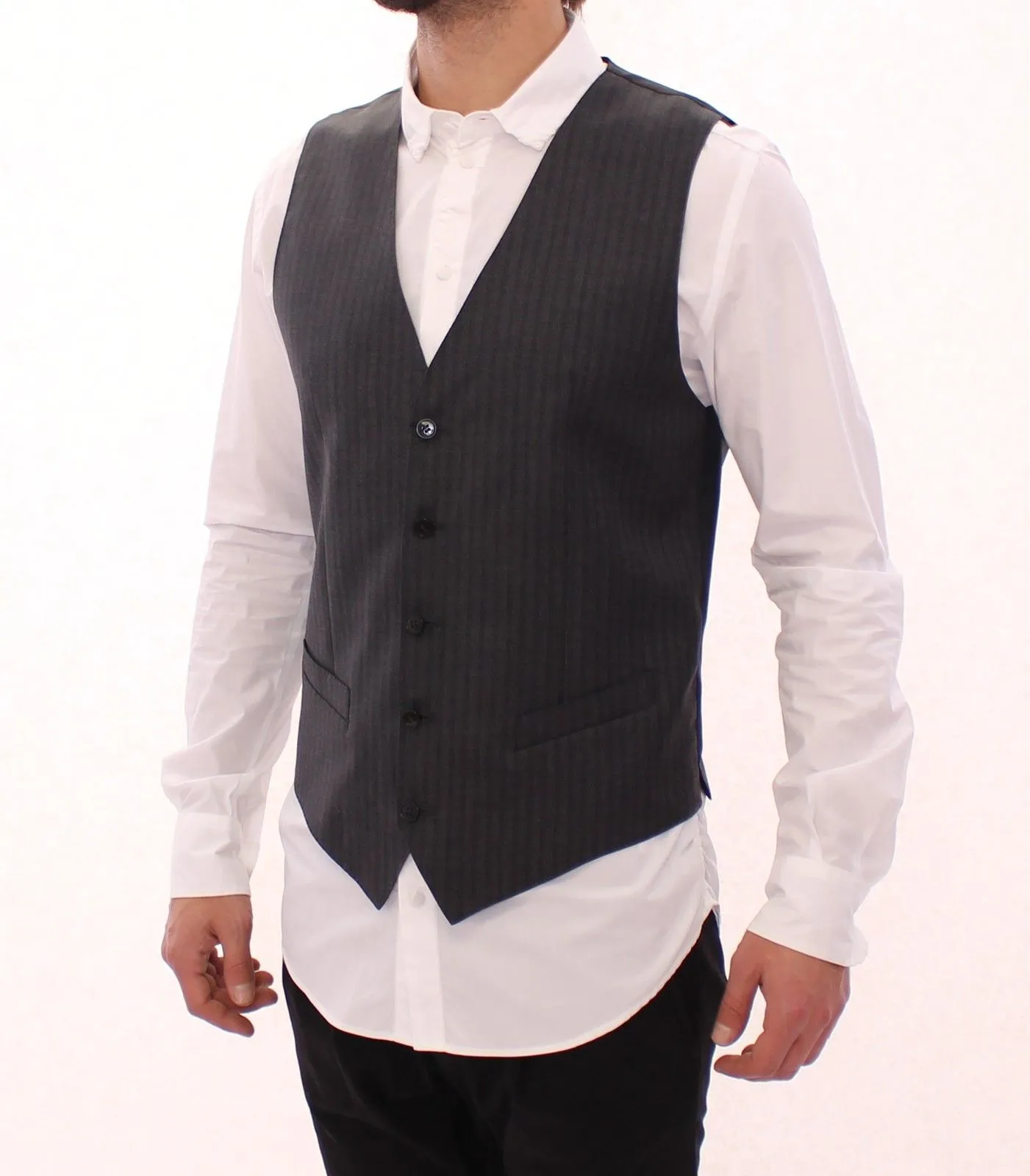 Gray Striped Wool Single Breasted Vest