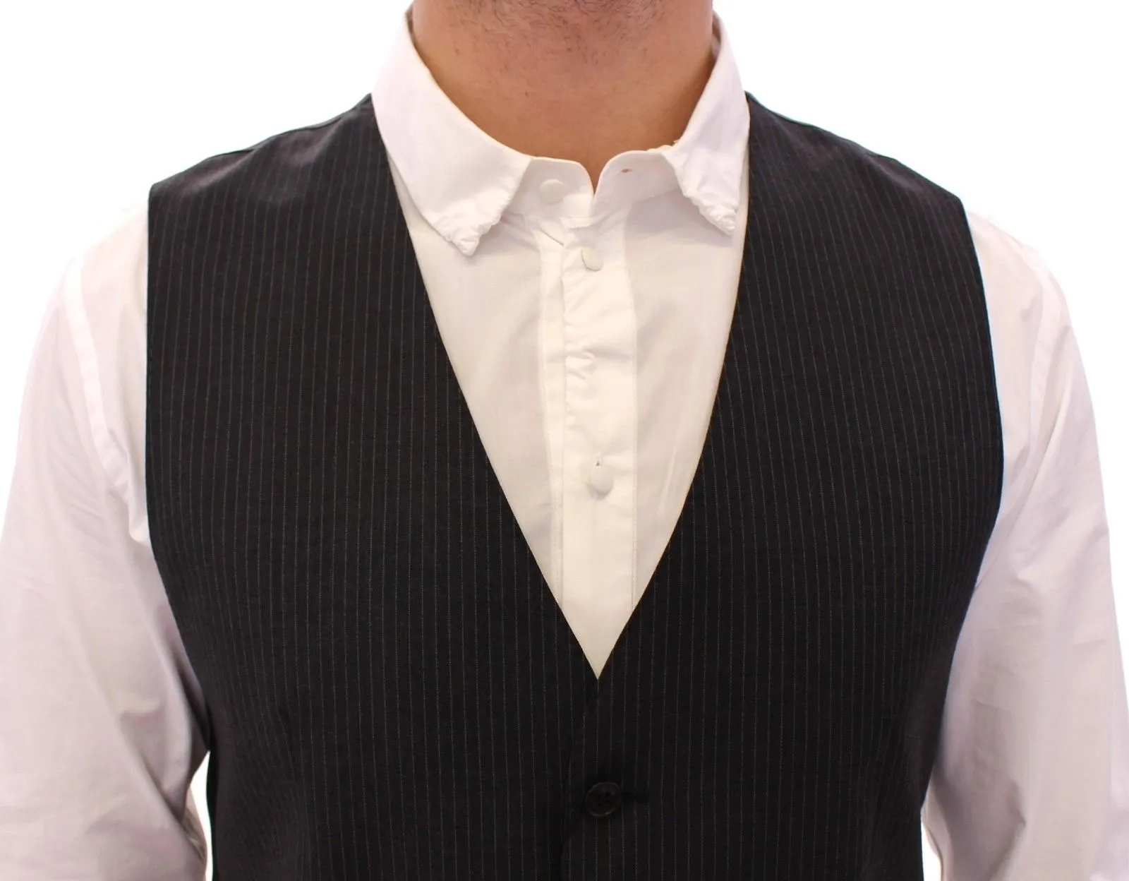 Gray Striped Wool Single Breasted Vest