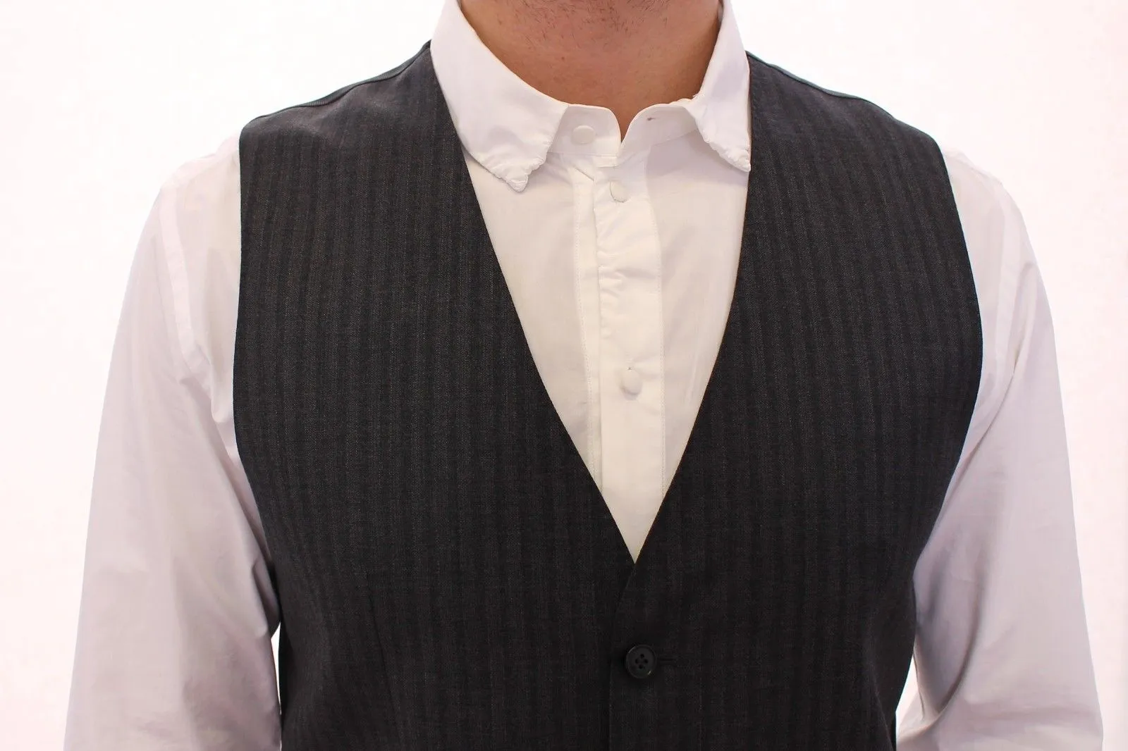 Gray Striped Wool Single Breasted Vest