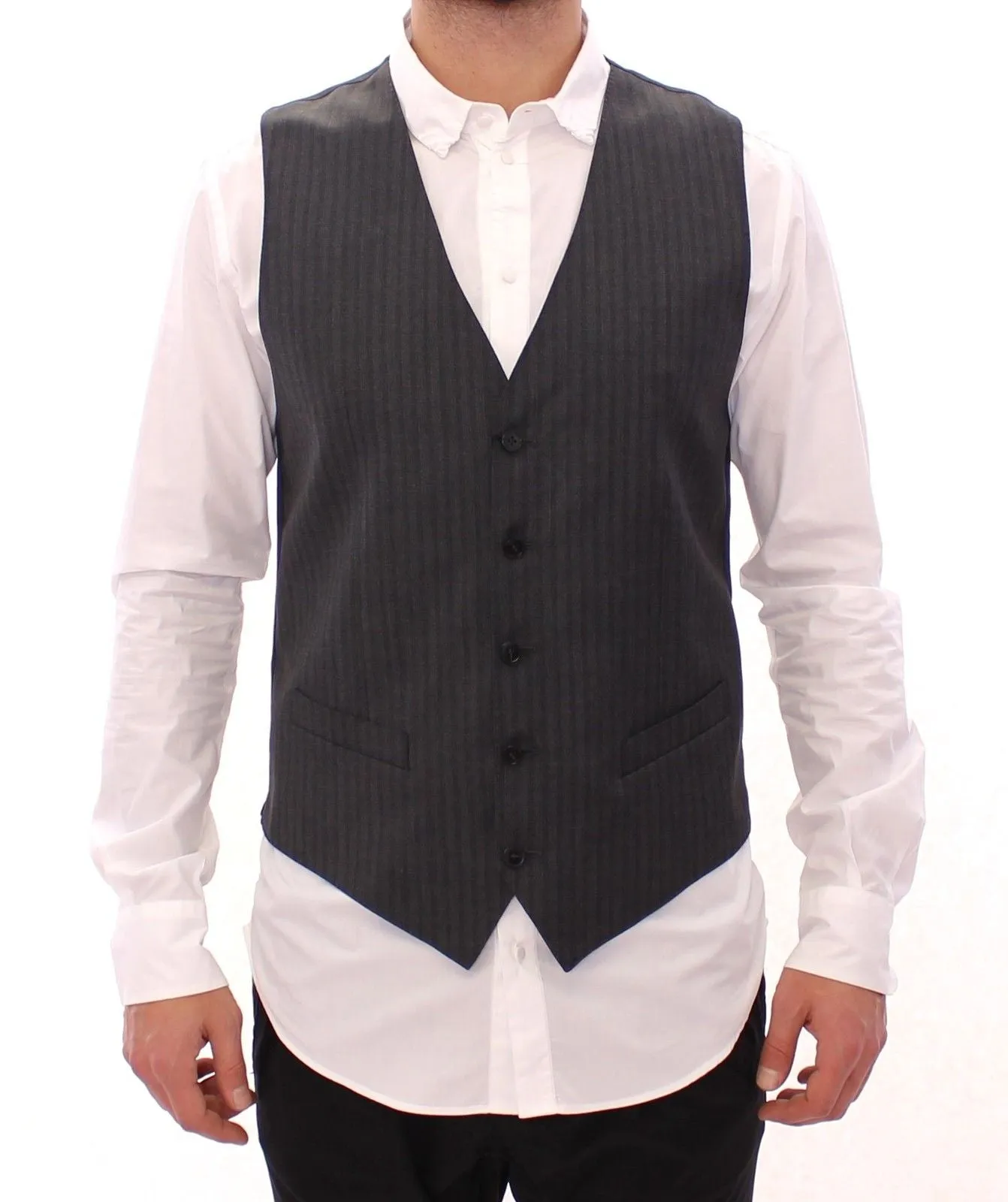 Gray Striped Wool Single Breasted Vest