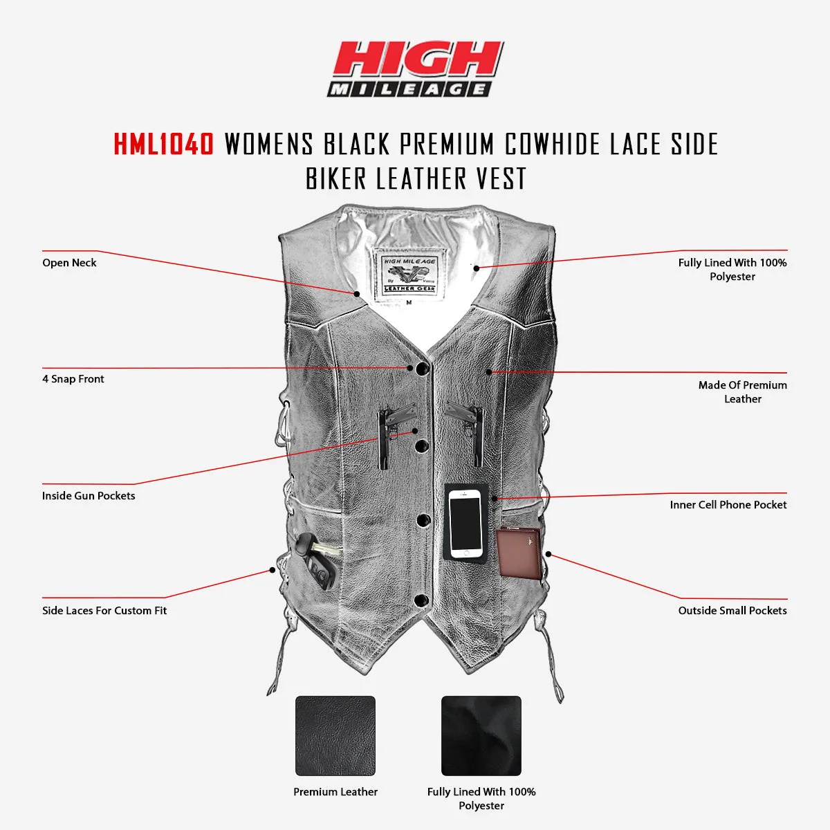 HML1040 Ladies Naked Leather Vest With Lace Sides