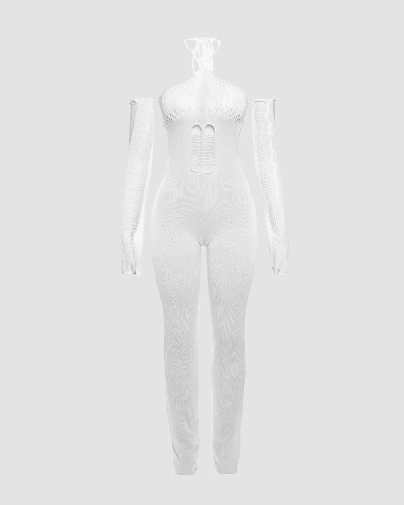 Hollow Out Knit Lace Up Jumpsuit