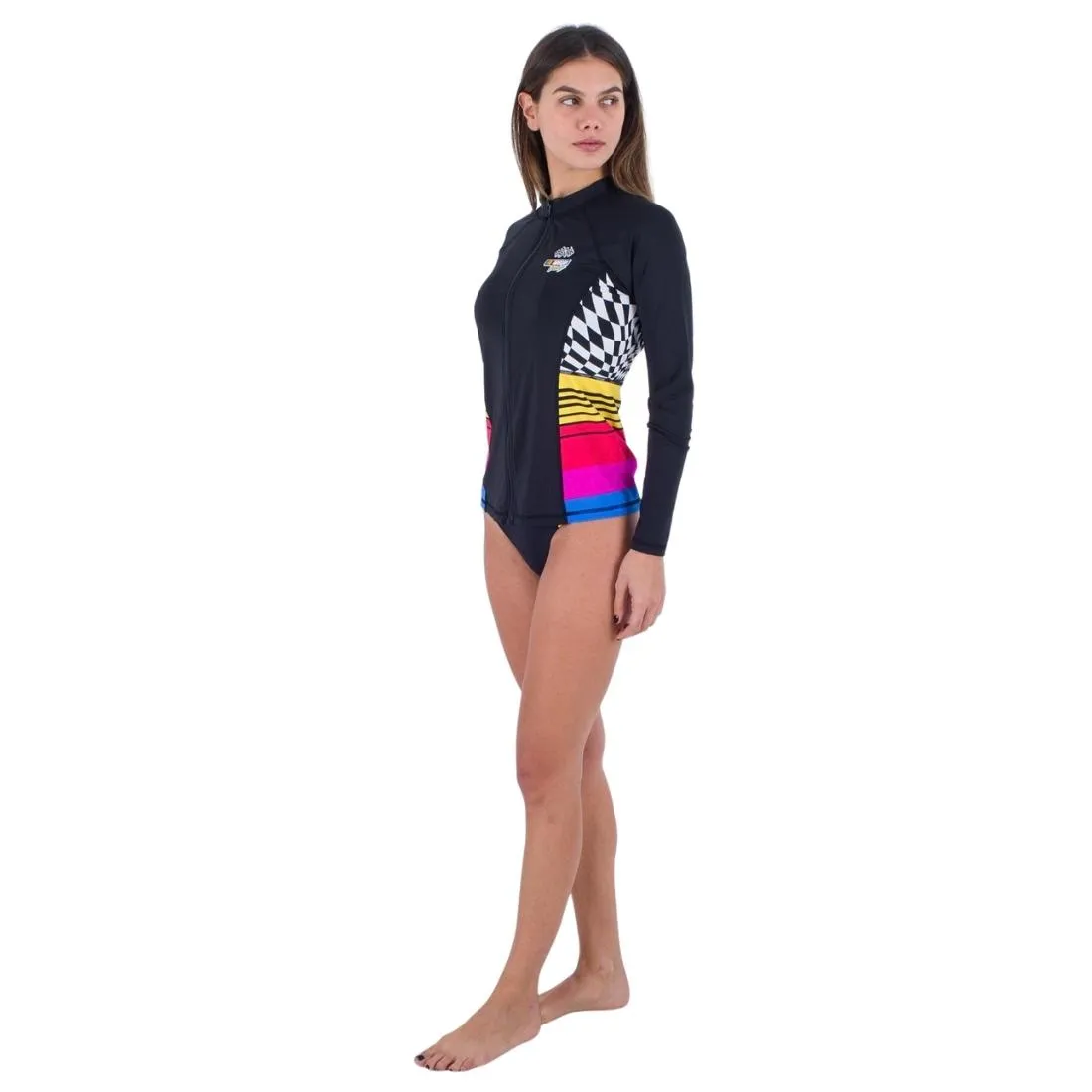 Hurley Womens Nascar Color Blocked Front Zip Long Sleeve UV Rashguard - Black/White