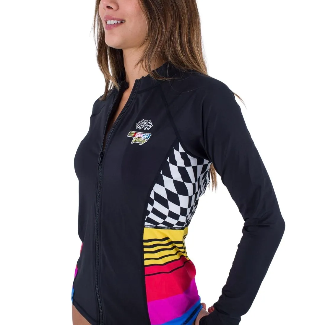 Hurley Womens Nascar Color Blocked Front Zip Long Sleeve UV Rashguard - Black/White