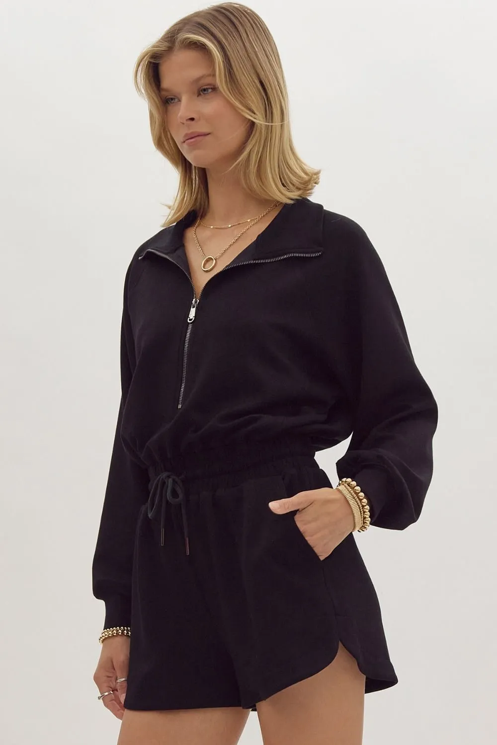 Ingrid- Long Sleeve Zip Collared Romper