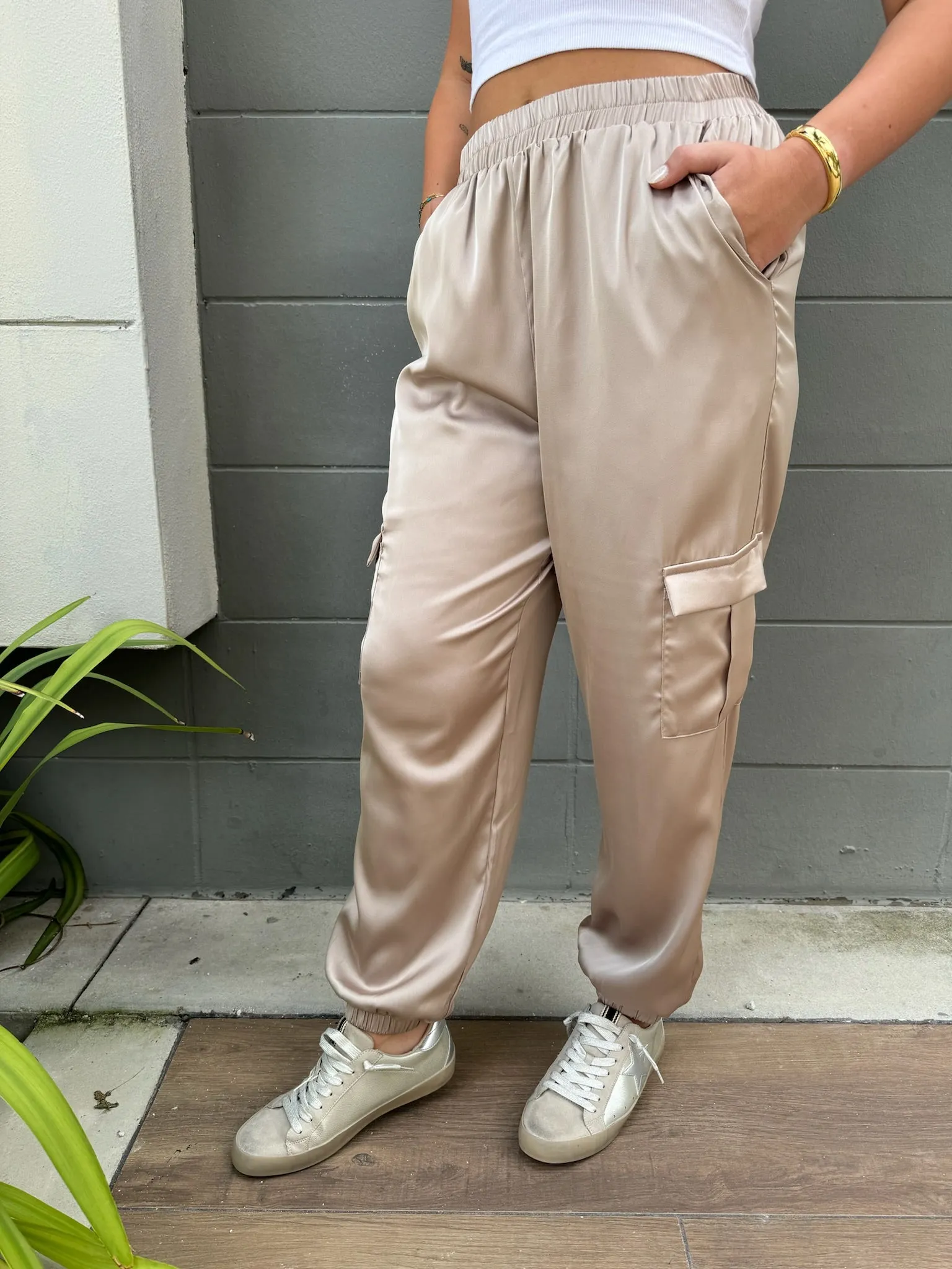 KLD Satin Cargo Joggers Champagne