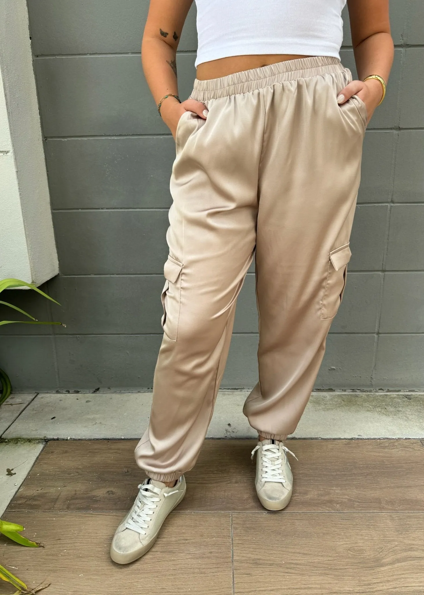 KLD Satin Cargo Joggers Champagne