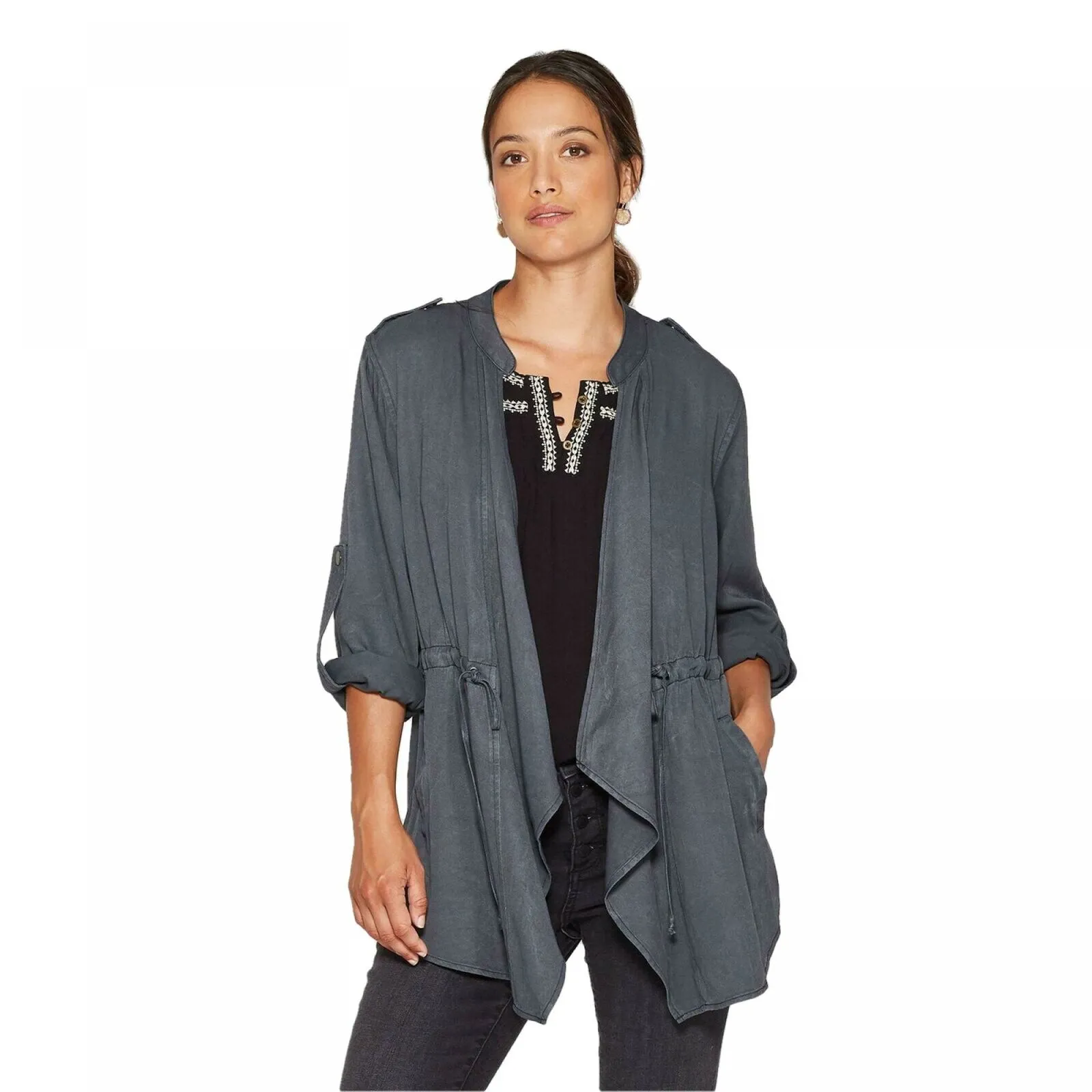 Knox Rose Cinch Waist Drapey Jacket With Rolltab Sleeve and Pockets