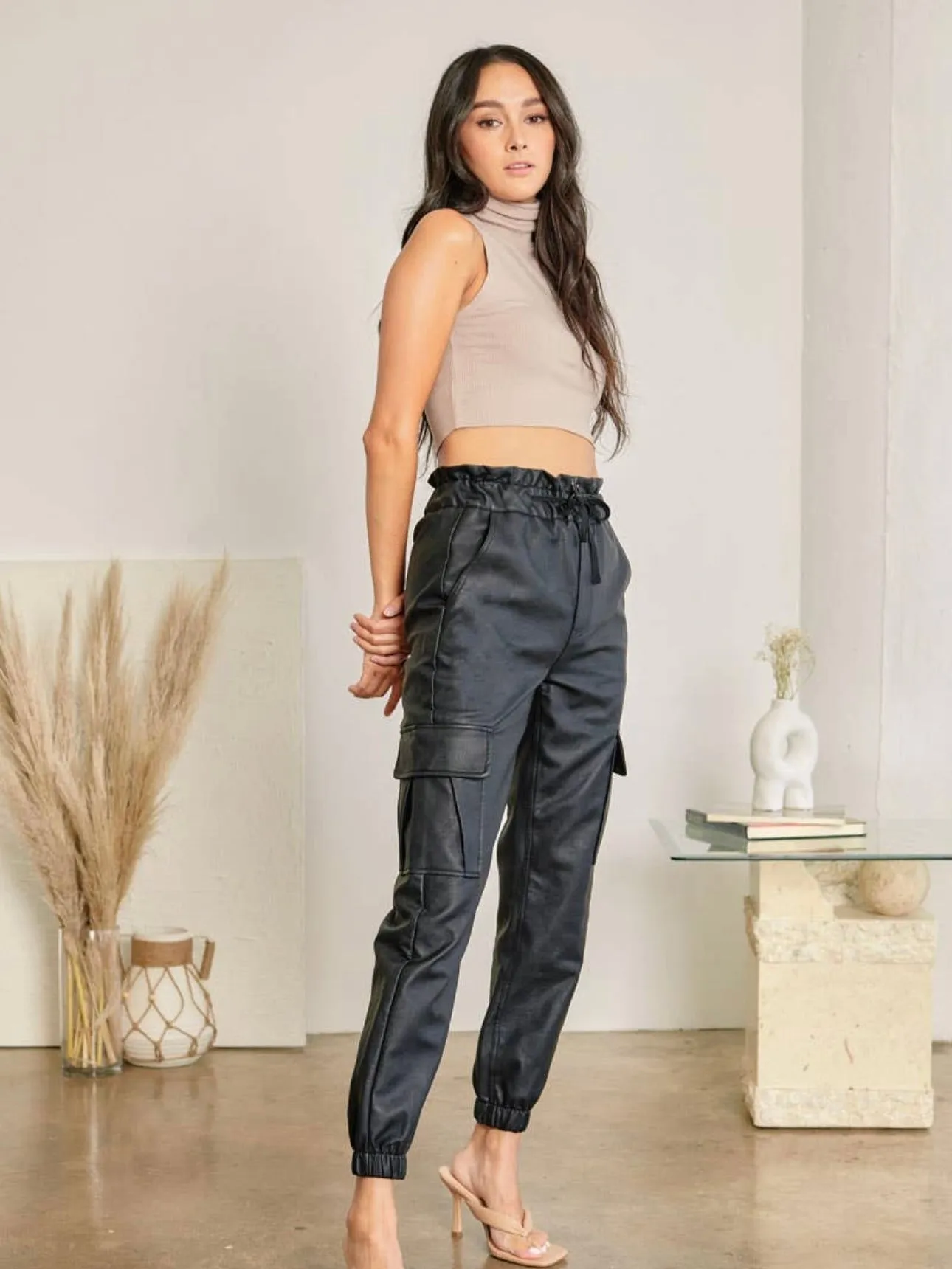 Leatherette Joggers: Black