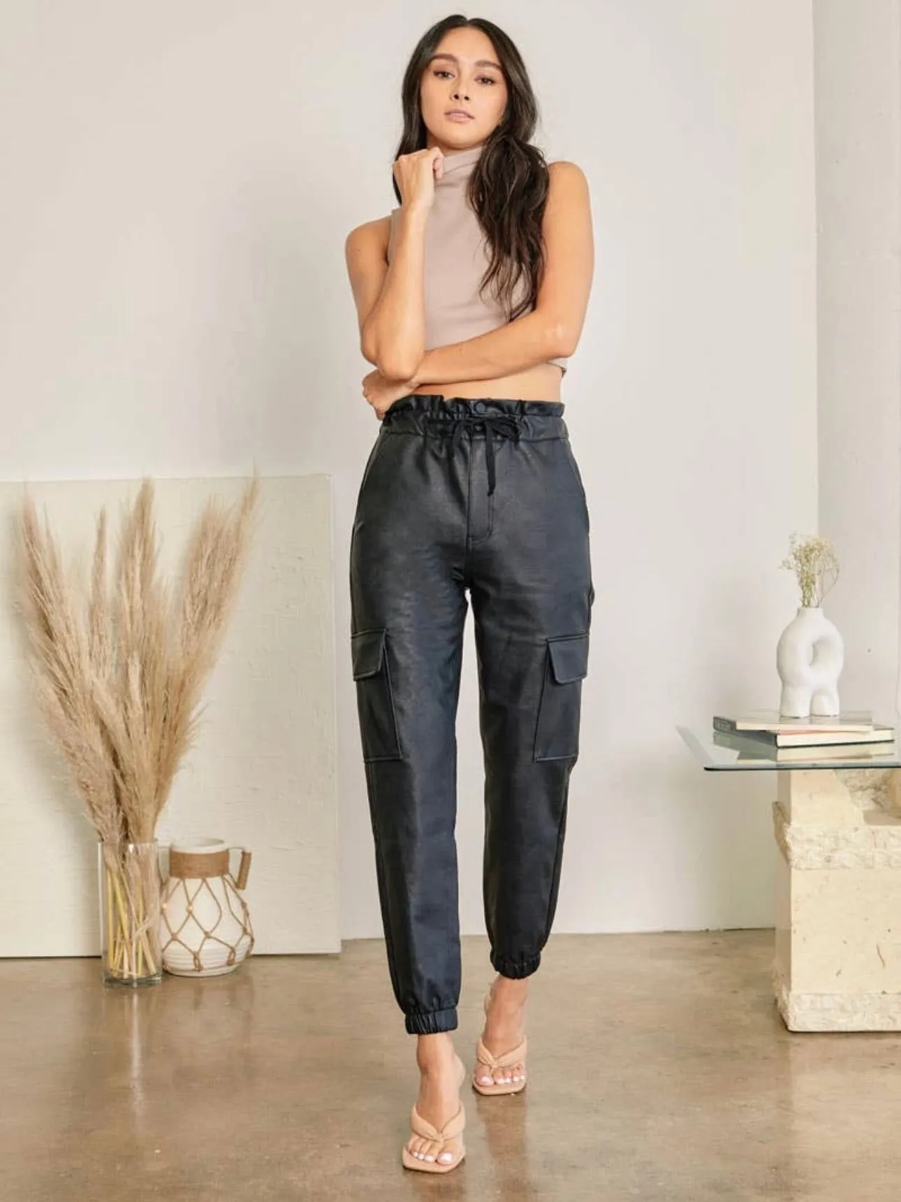Leatherette Joggers: Black