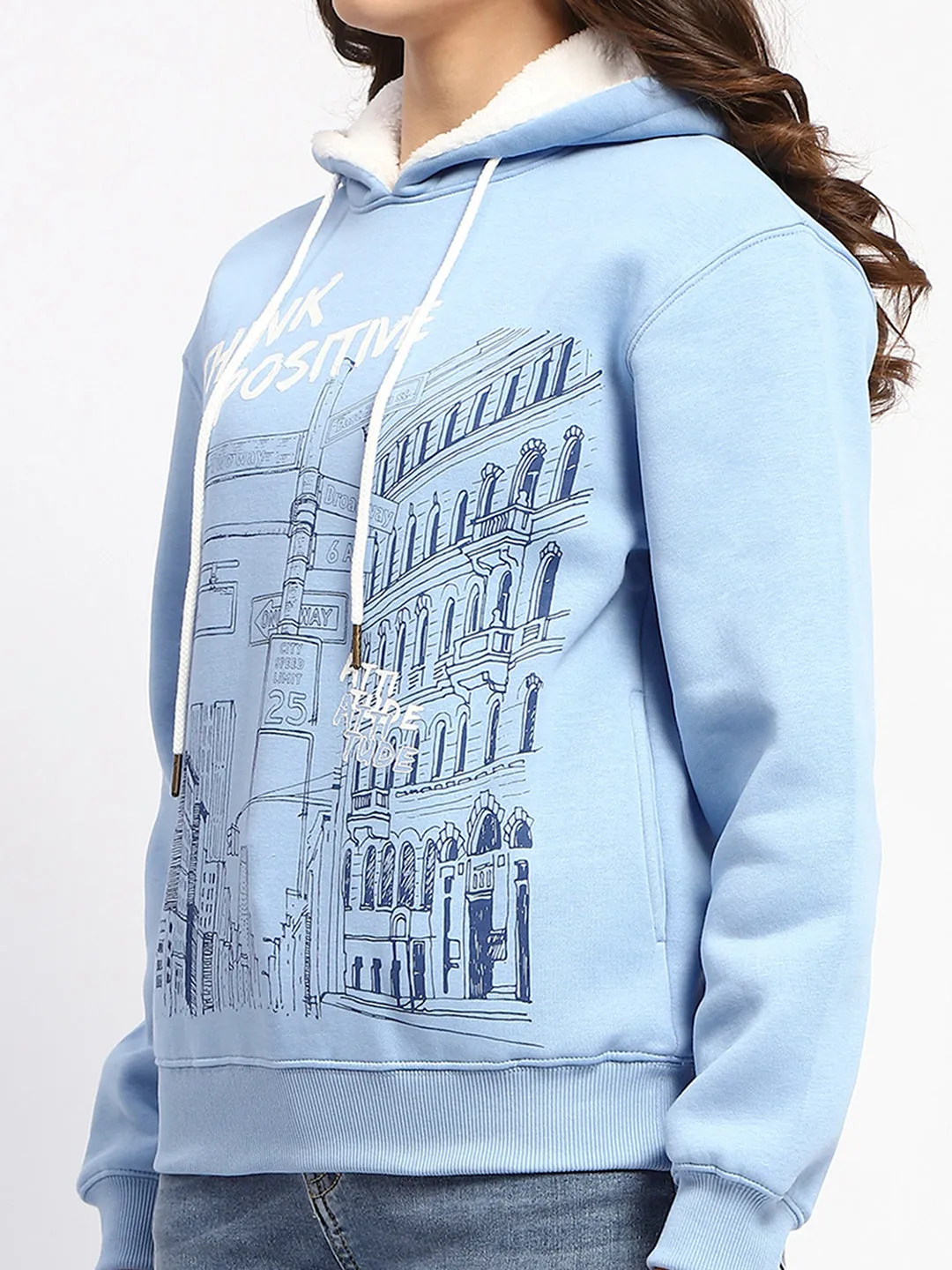 Madame Powder Blue Graphic Printed Hoodie Sweatshirt