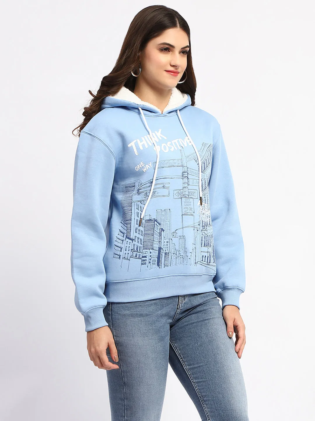 Madame Powder Blue Graphic Printed Hoodie Sweatshirt