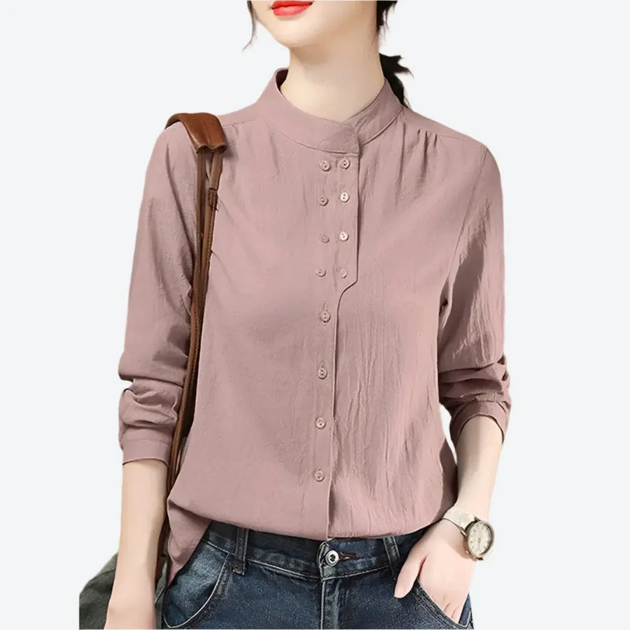 Mandarin Collar Button-Up Casual Blouses