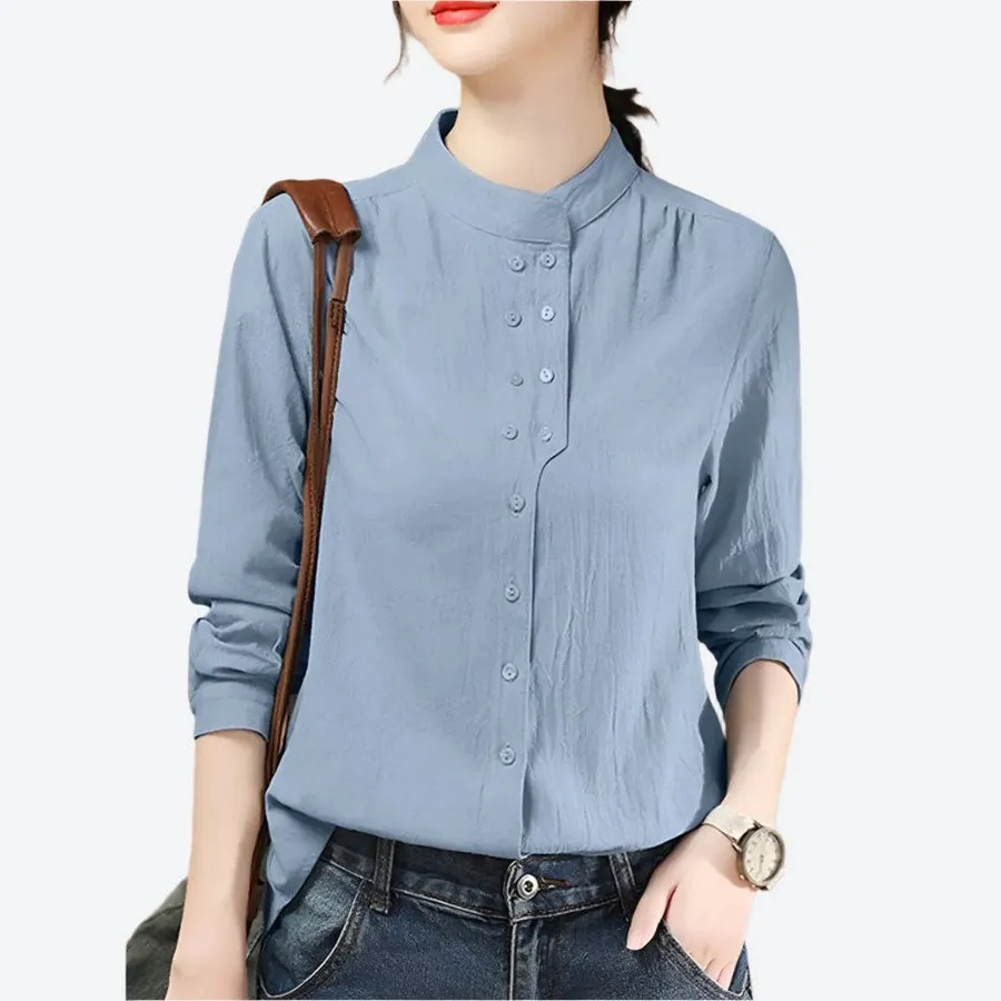Mandarin Collar Button-Up Casual Blouses