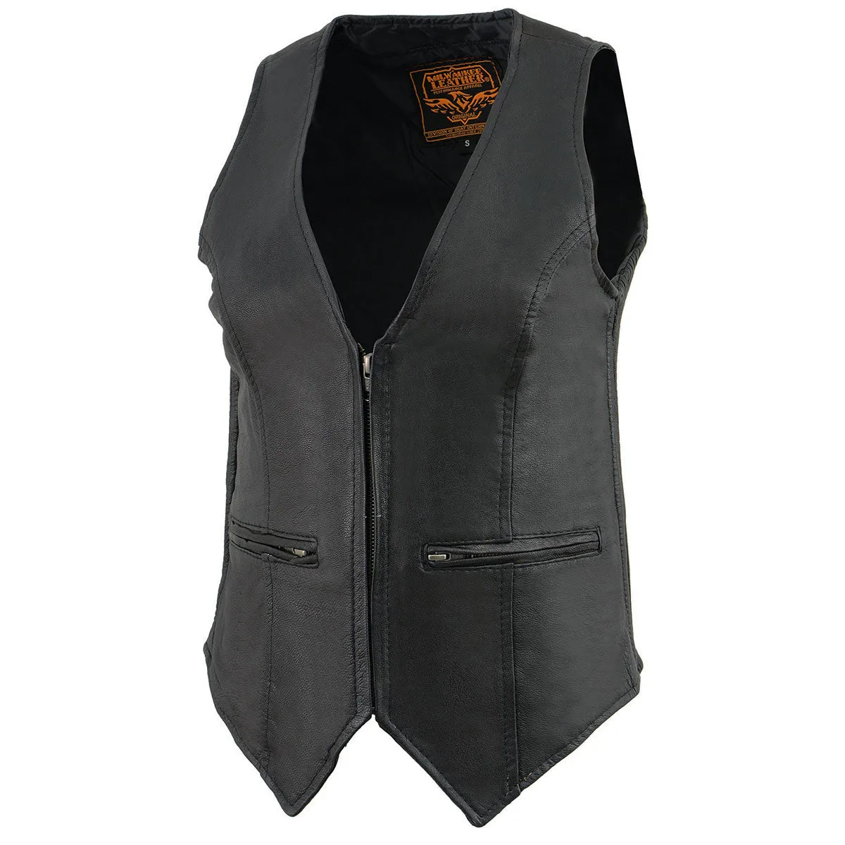 MLL4555 Women's Black Naked Leather Motorcycle Rider Vest- Stretch Side Panel W/Front Zip Closure
