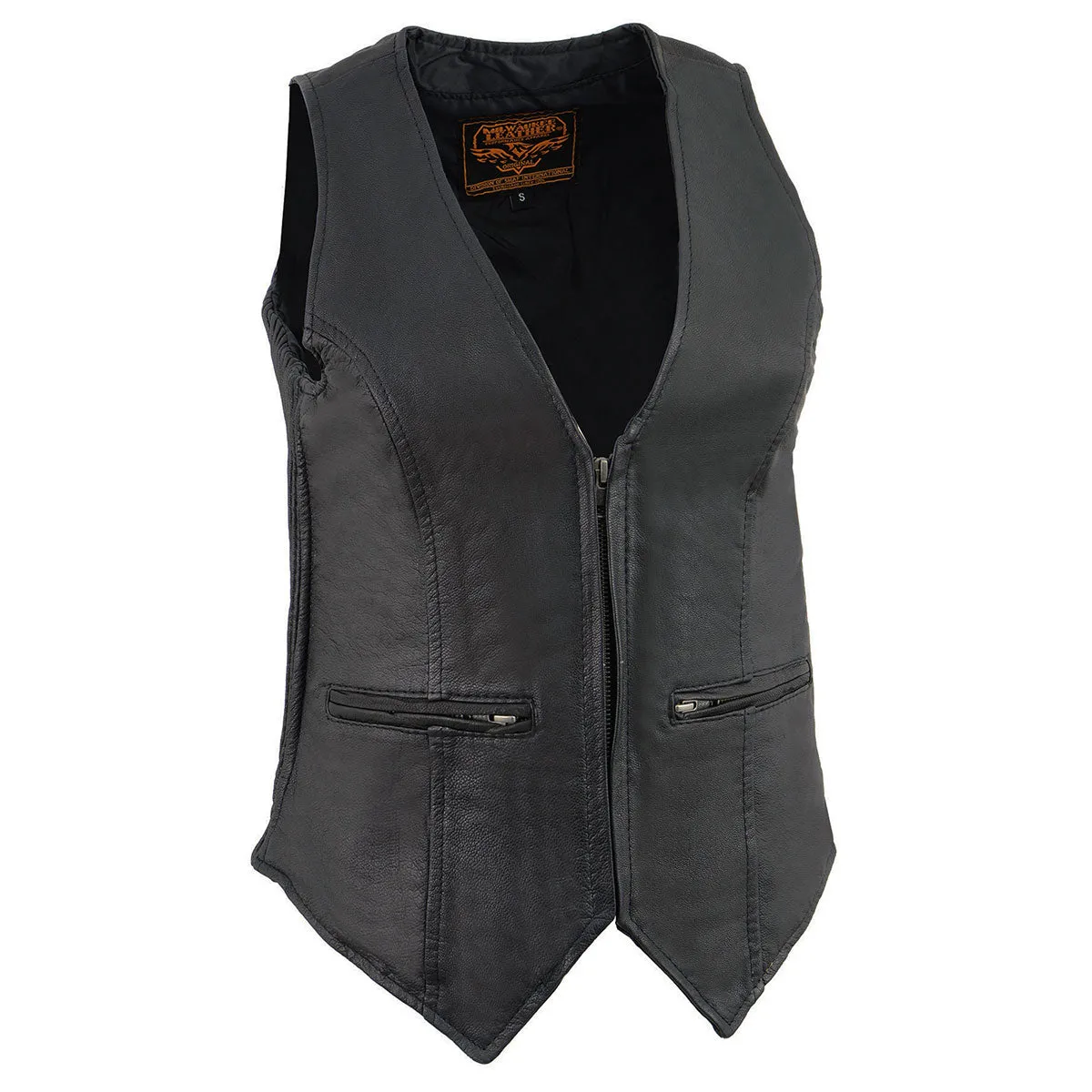MLL4555 Women's Black Naked Leather Motorcycle Rider Vest- Stretch Side Panel W/Front Zip Closure