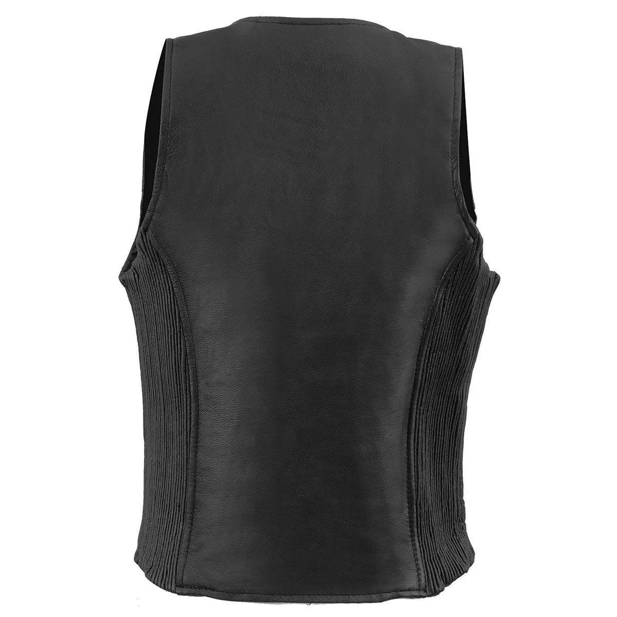 MLL4555 Women's Black Naked Leather Motorcycle Rider Vest- Stretch Side Panel W/Front Zip Closure