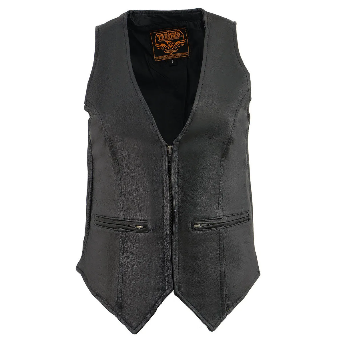 MLL4555 Women's Black Naked Leather Motorcycle Rider Vest- Stretch Side Panel W/Front Zip Closure