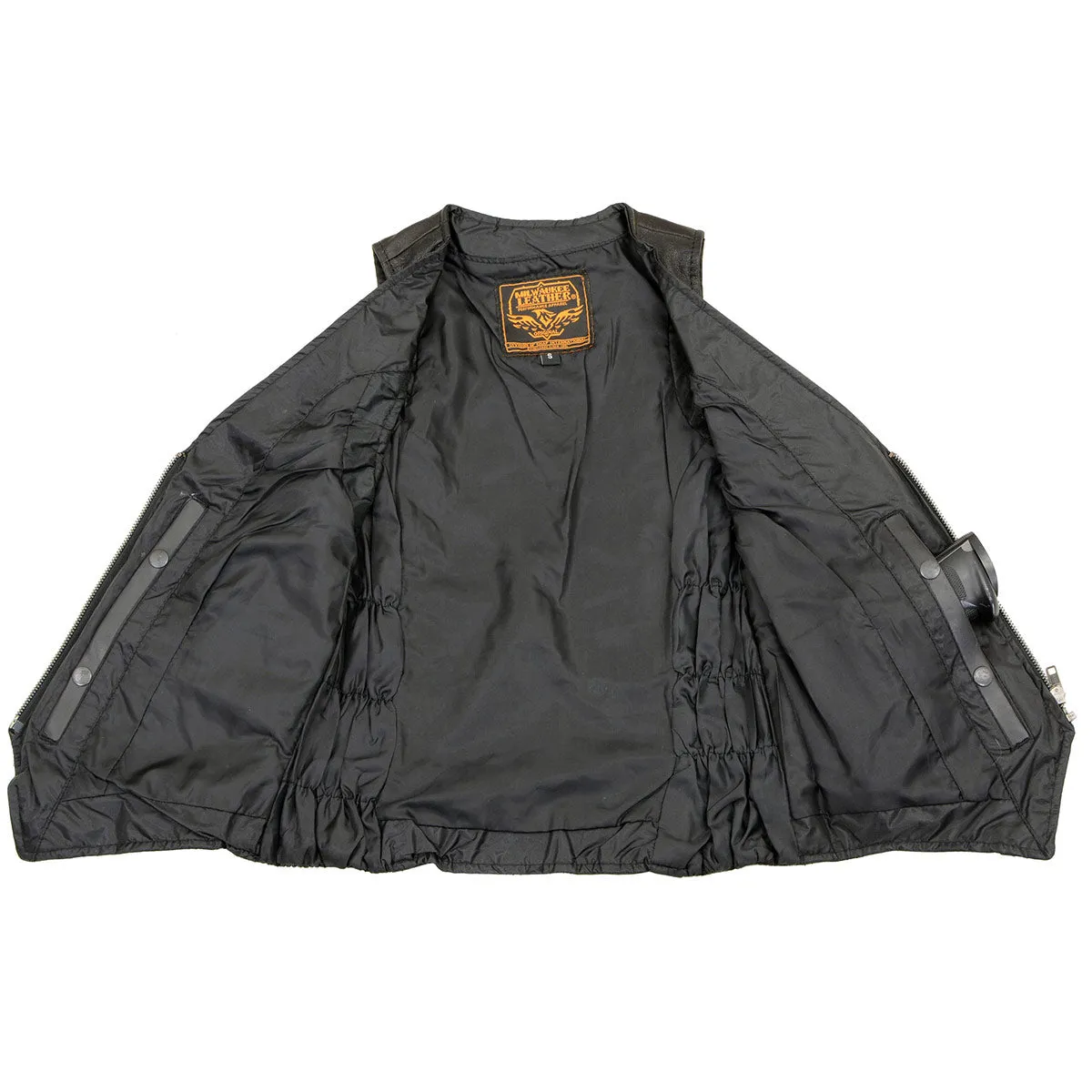 MLL4555 Women's Black Naked Leather Motorcycle Rider Vest- Stretch Side Panel W/Front Zip Closure