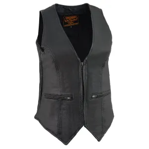 MLL4555 Women's Black Naked Leather Motorcycle Rider Vest- Stretch Side Panel W/Front Zip Closure