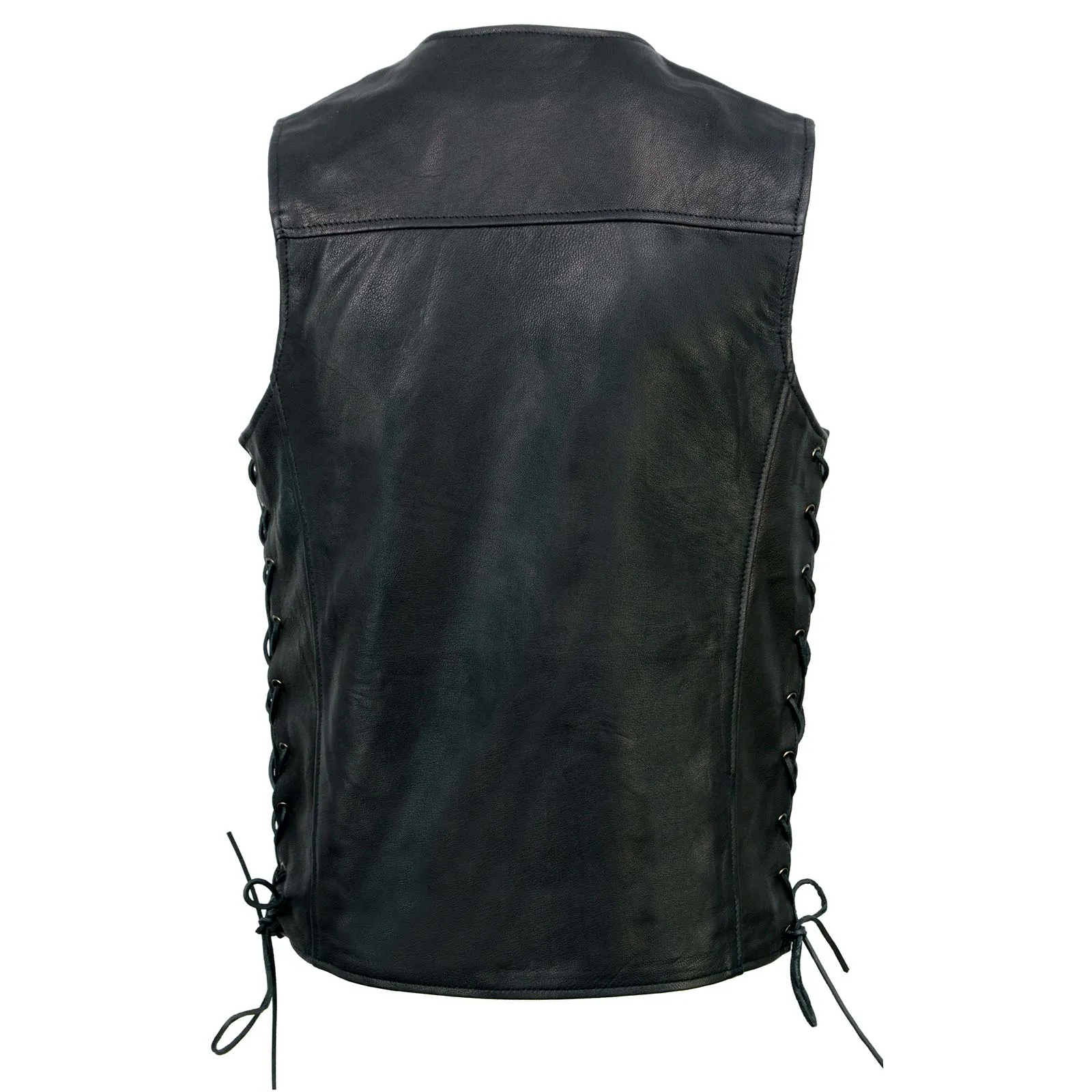 MLM3517 Men's Black Naked Leather Classic V-Neck Straight Bottom Side Lace Motorcycle Rider Vest