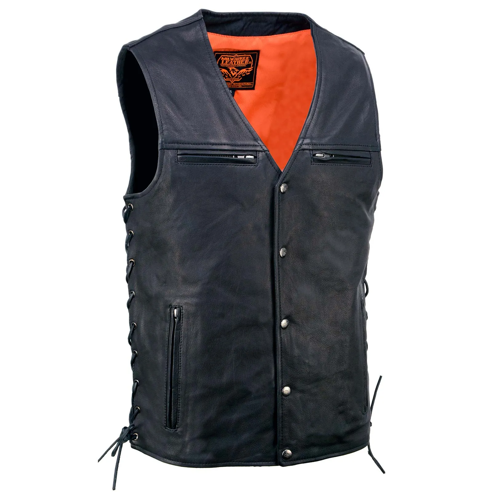 MLM3517 Men's Black Naked Leather Classic V-Neck Straight Bottom Side Lace Motorcycle Rider Vest