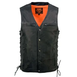 MLM3517 Men's Black Naked Leather Classic V-Neck Straight Bottom Side Lace Motorcycle Rider Vest