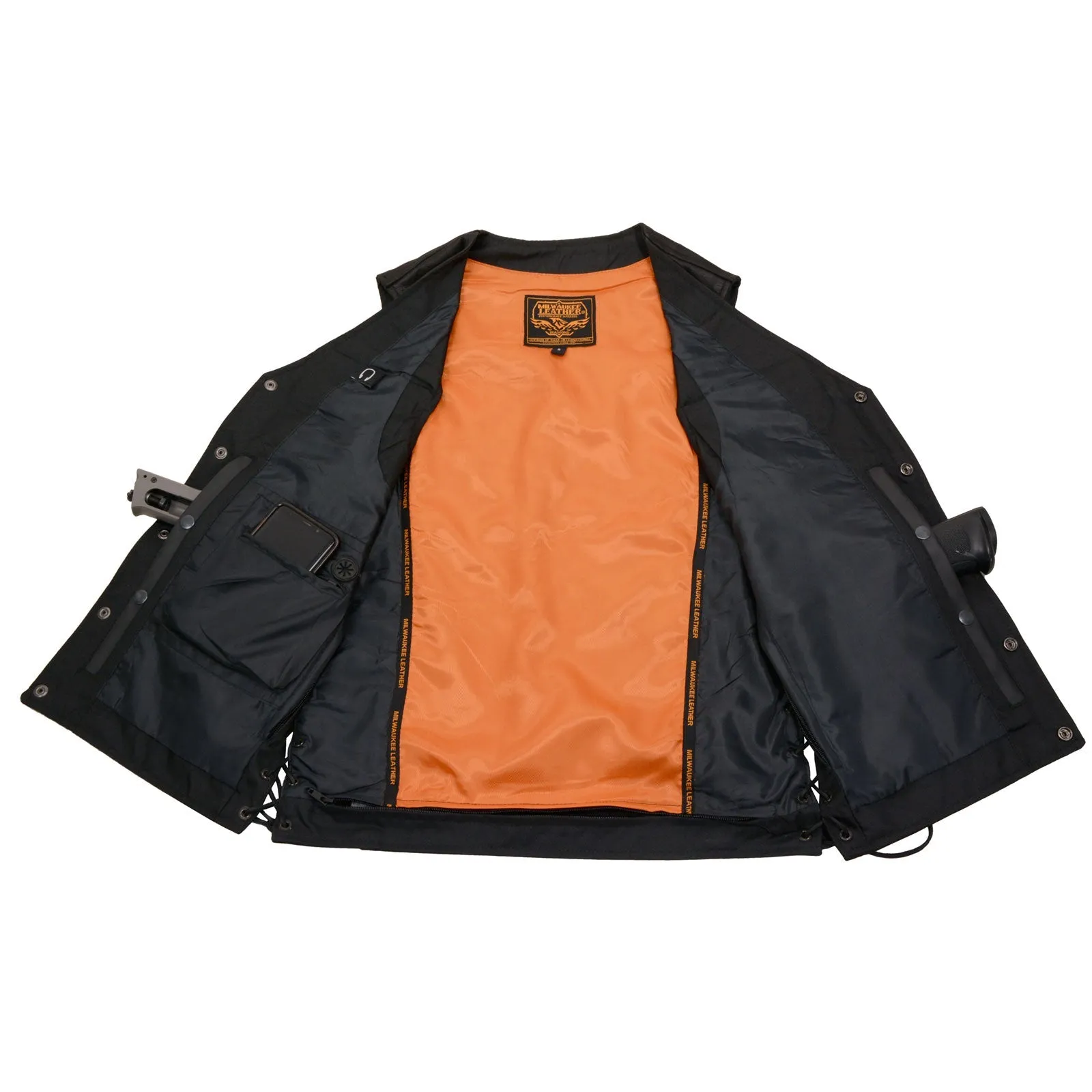 MLM3517 Men's Black Naked Leather Classic V-Neck Straight Bottom Side Lace Motorcycle Rider Vest