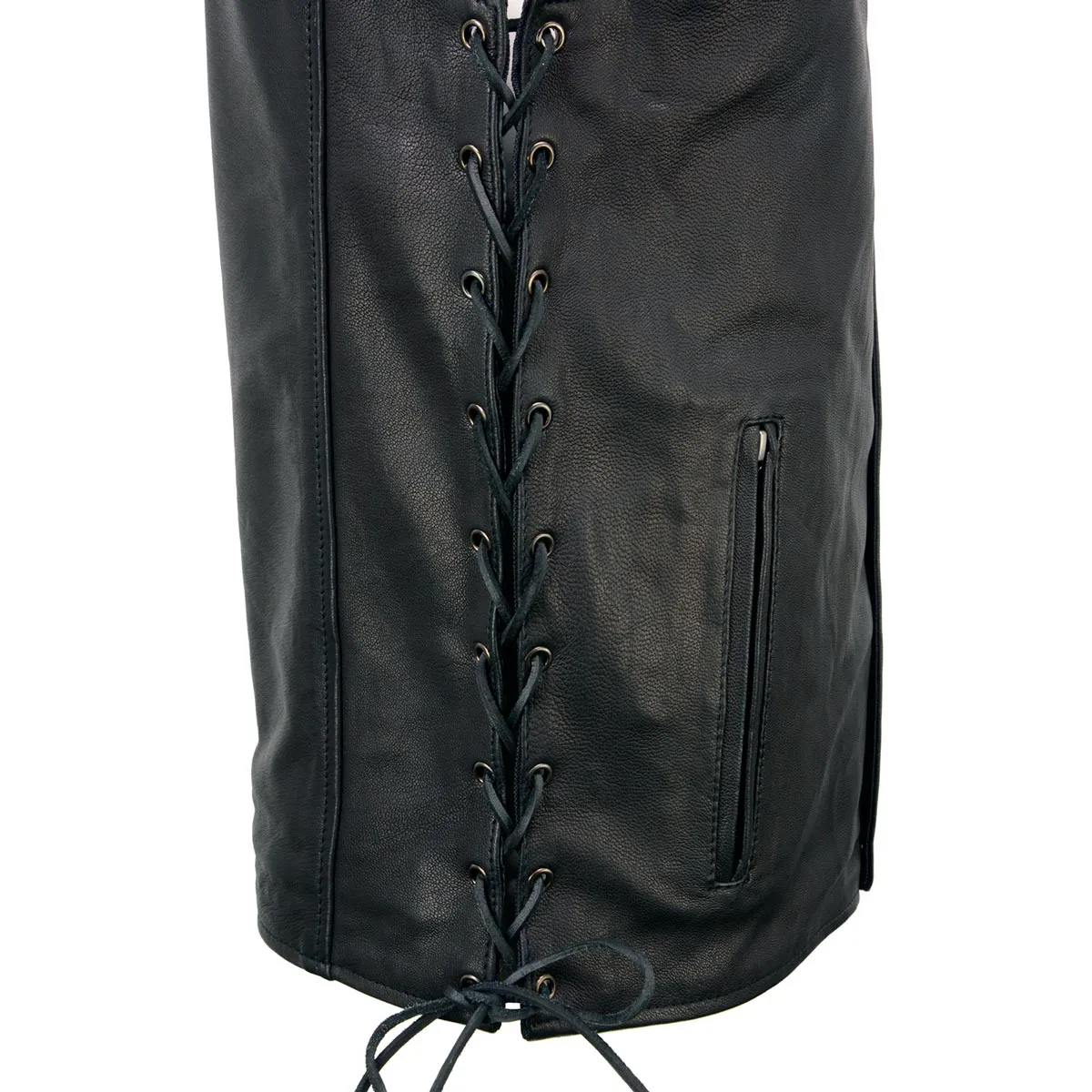 MLM3517 Men's Black Naked Leather Classic V-Neck Straight Bottom Side Lace Motorcycle Rider Vest