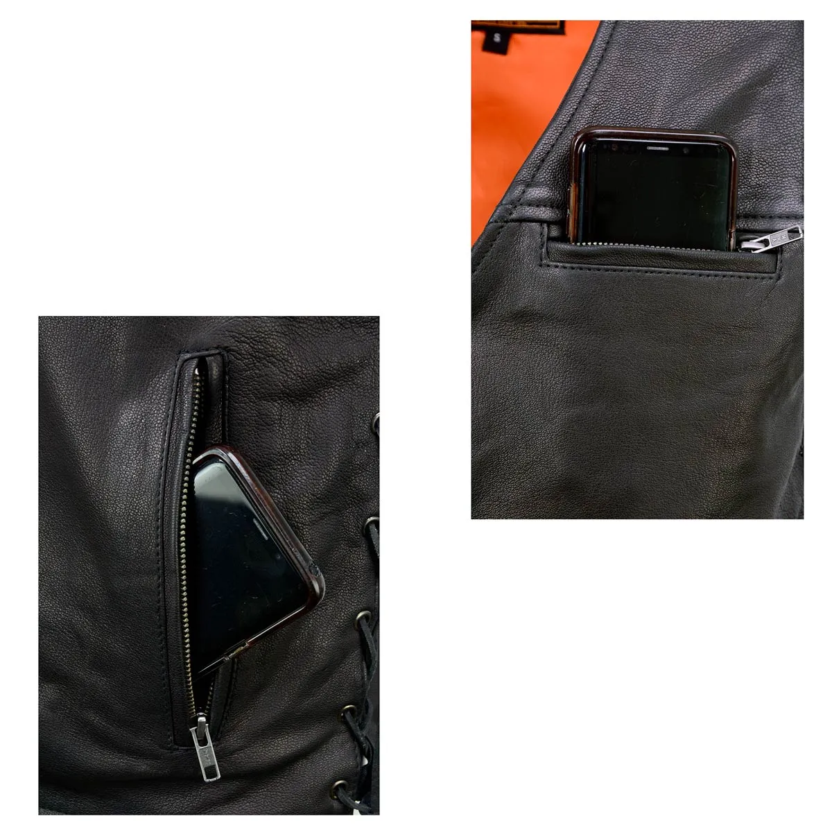 MLM3517 Men's Black Naked Leather Classic V-Neck Straight Bottom Side Lace Motorcycle Rider Vest