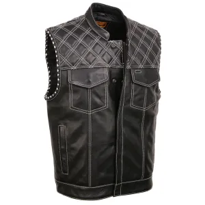 MLM3525 Men's Black 'Paisley' Accented White Stitching Leather Vest – w/Armhole Trim Open Collar Design