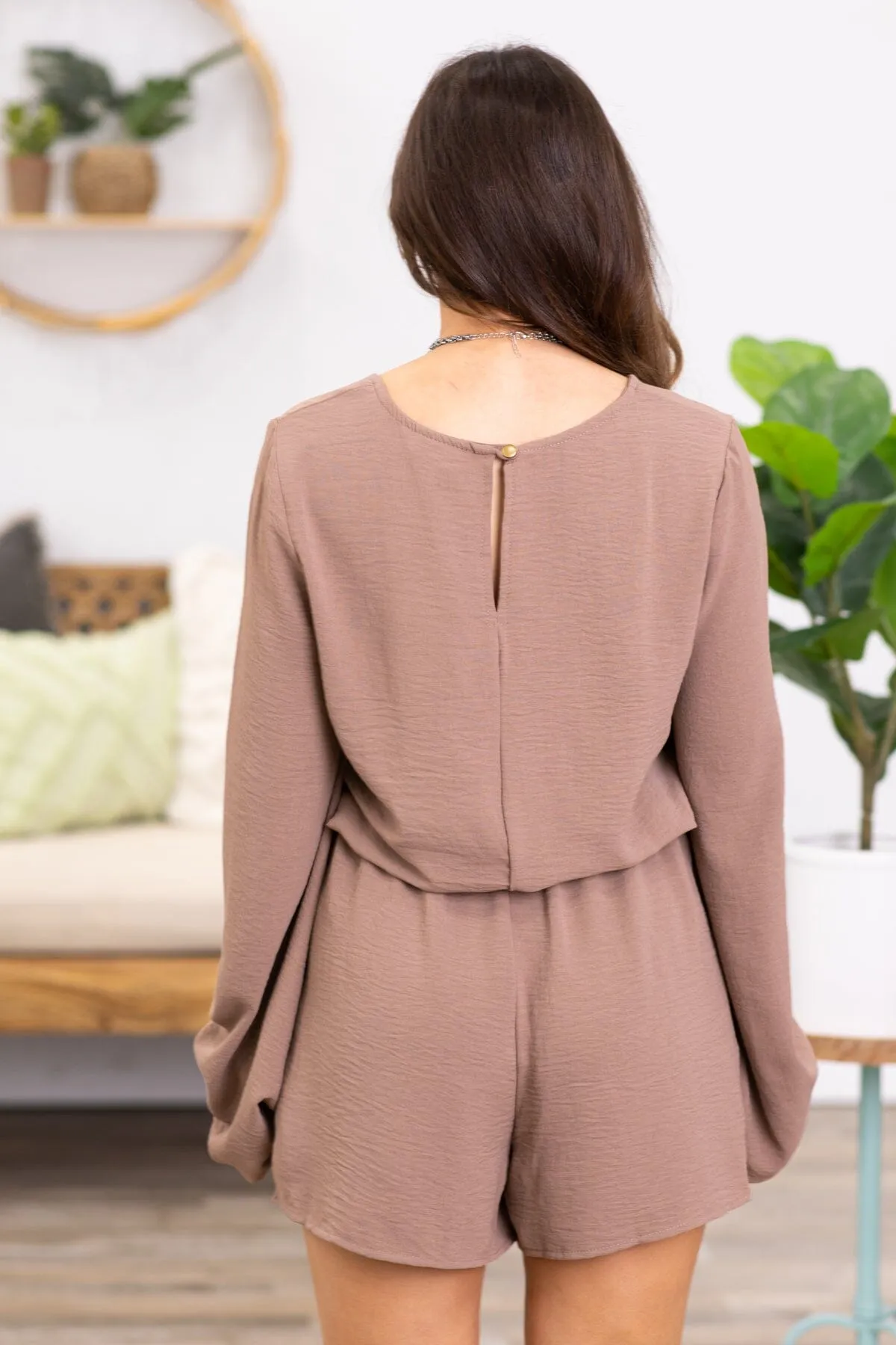Mocha Long Sleeve Elastic Waist Romper