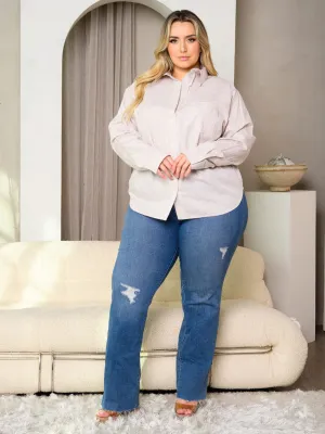 PLUS SIZE LONG SLEEVE STRIPES BUTTON UP SHIRT TOP