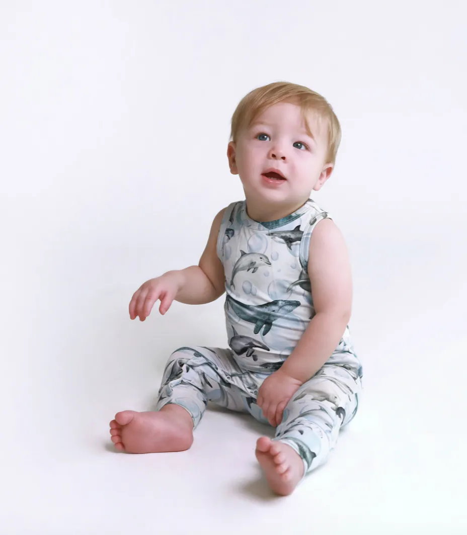 Posh Peanut Basic Racerback Romper in Sharkly