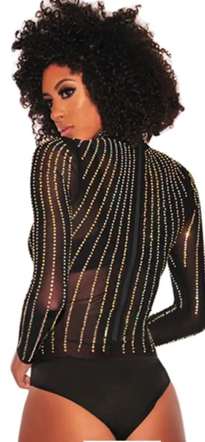 Sexy Black Rhinestone Studded Mock Neck Bodysuit