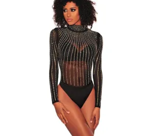 Sexy Black Rhinestone Studded Mock Neck Bodysuit