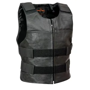 SH1367Z Men's Black Leather Bullet Proof Style Rider Vest- Plain Back Panel for Club Patches