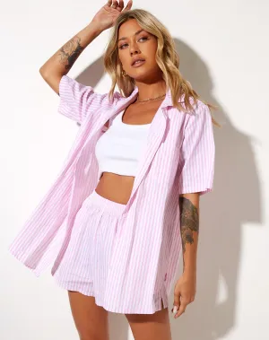 Smith Short Sleeve Shirt in Vertical Stripe Pink and White