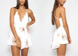 Strap white lace elegant jumpsuit romper Sexy backless chiffon summer playsuit Women boho floral short overalls