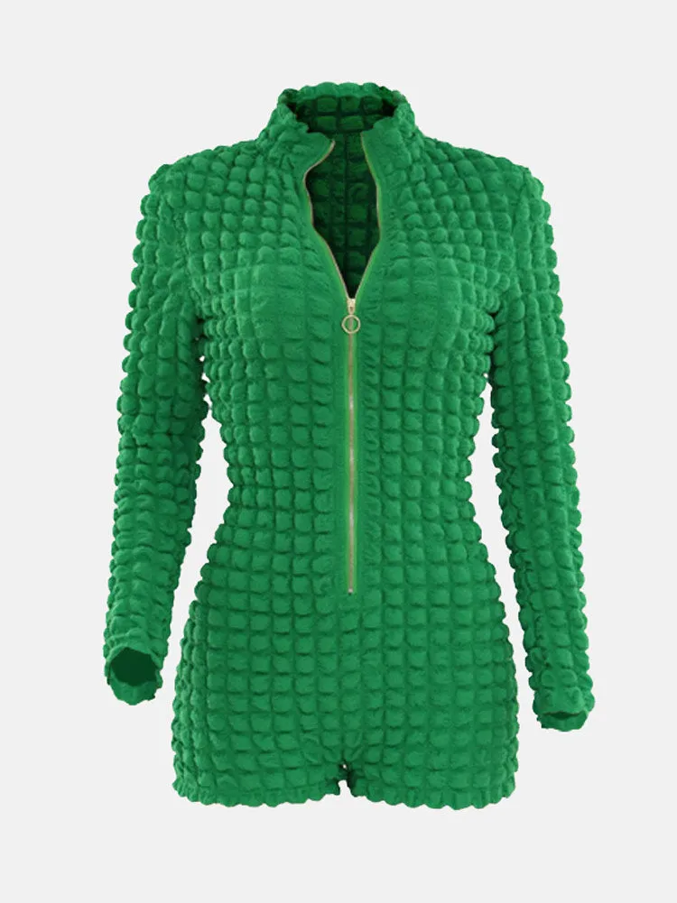 Textured Zipper Long Sleeve Jumpsuit