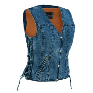 VB1045BL Women's Blue Denim V Neck Vest with Snap opening & side laces