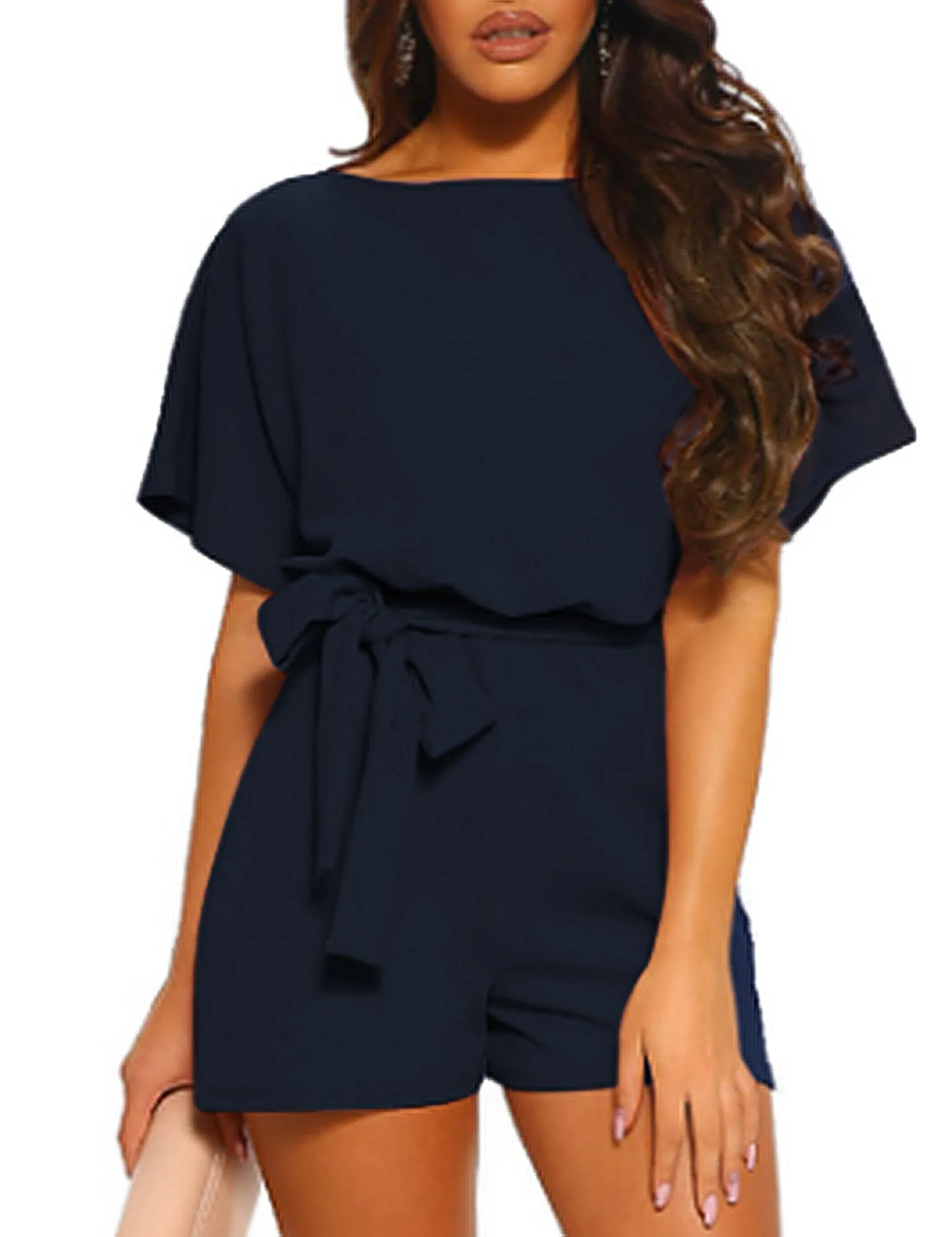 Vetinee Women's Summer Rompers Belted Short Jumpsuits Short Sleeves Playsuits