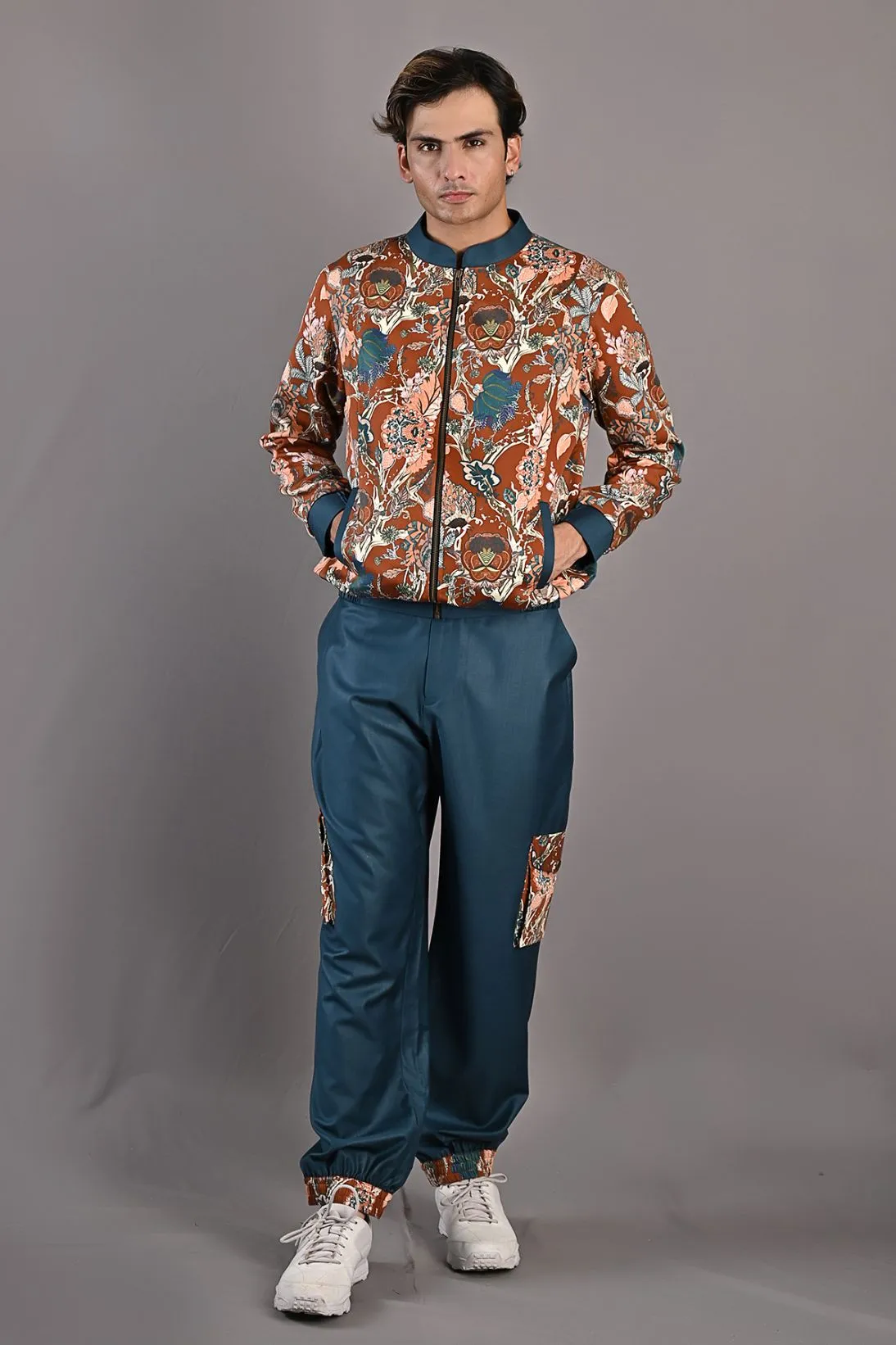 Vivendel - Maroon & Multi Printed Bomber Jacket With Teal Green Joggers Set