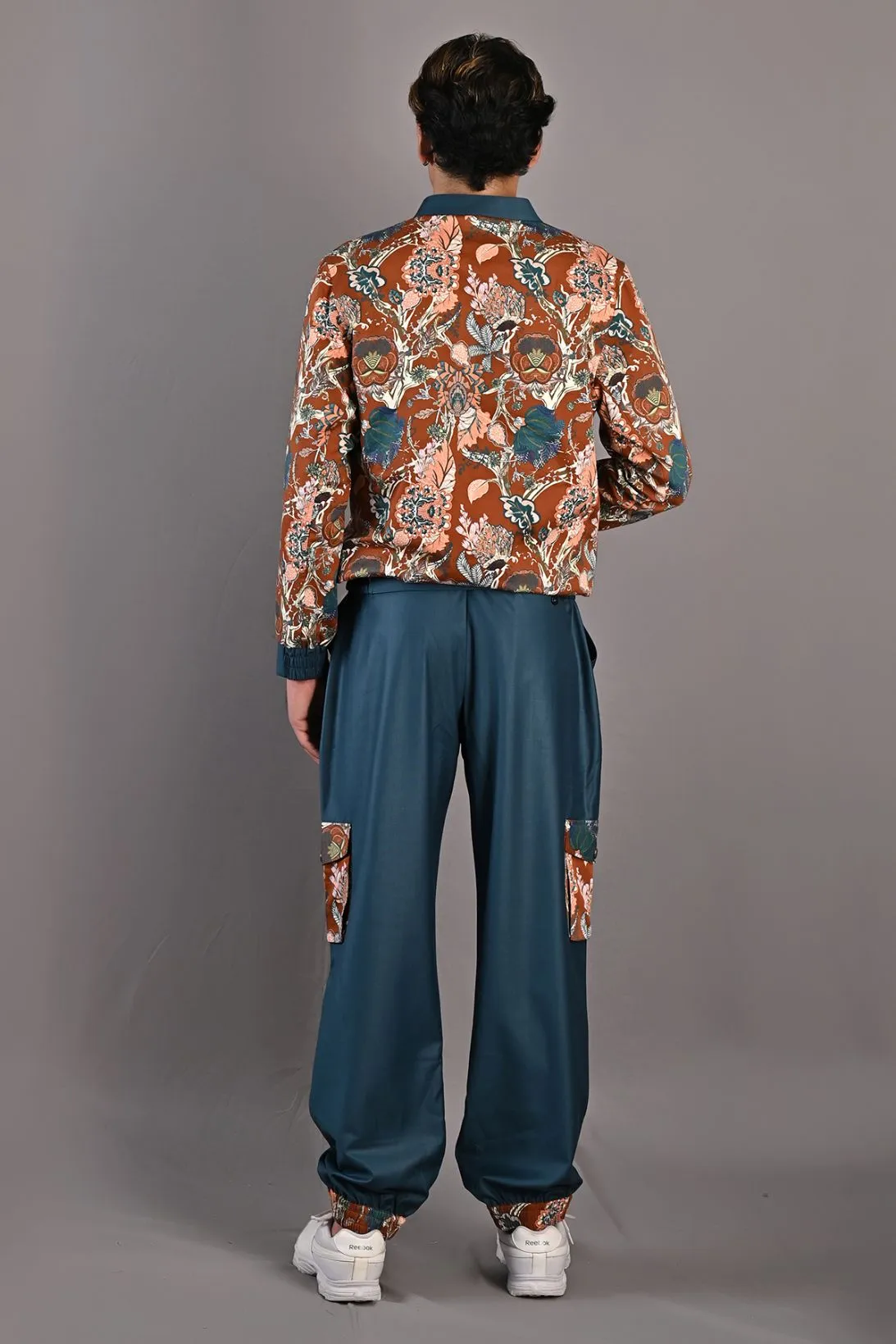Vivendel - Maroon & Multi Printed Bomber Jacket With Teal Green Joggers Set