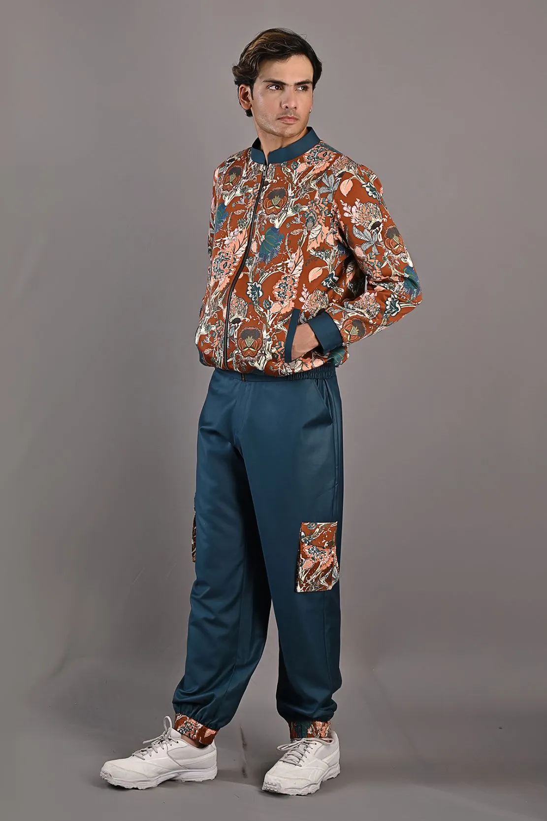 Vivendel - Maroon & Multi Printed Bomber Jacket With Teal Green Joggers Set