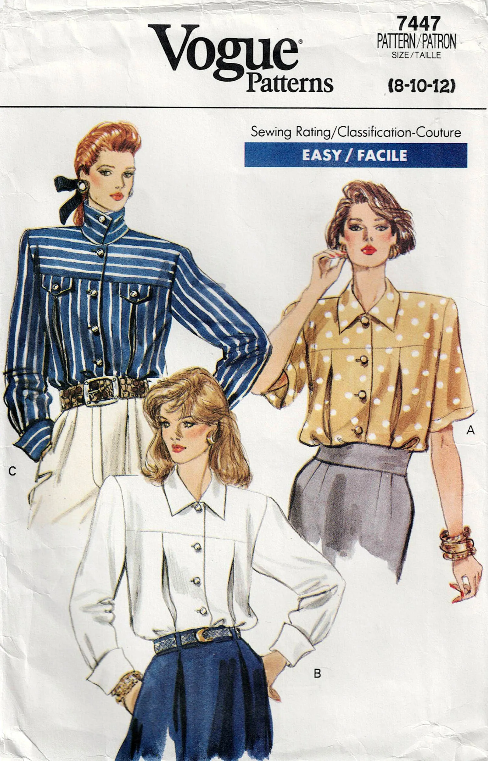 Vogue 7447 Womens Pleat Front Blouses 1980s Vintage Sewing Pattern Size 8 - 12