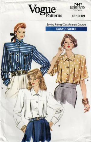 Vogue 7447 Womens Pleat Front Blouses 1980s Vintage Sewing Pattern Size 8 - 12